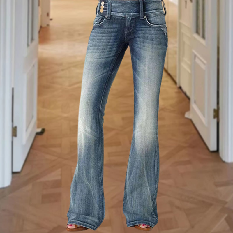 Vintage Side Buttons Mid-rise Bell Bottom Jeans