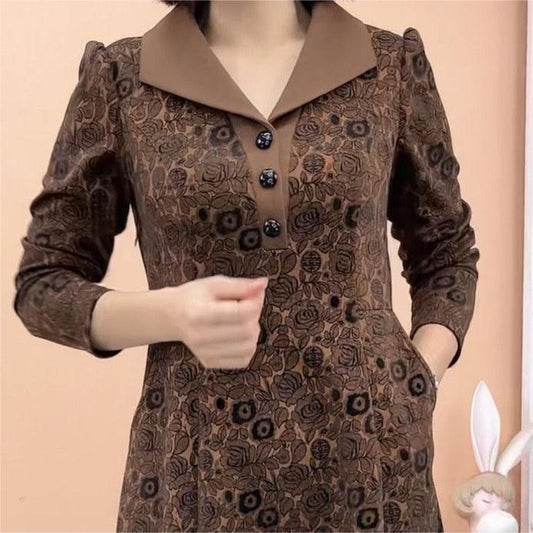 Lapel V-neck Slim Fashion Long Sleeve A-line Dress